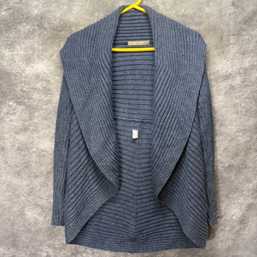 Simply Natural Alpaca Blend Ribbed Open Front Shawl Collar Cardigan Blue OS